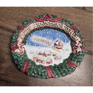 Fitz And Floyd Christmas 1993 Plate HAPPY CHRISTMAS TO ALL Santa Reindeer Scene